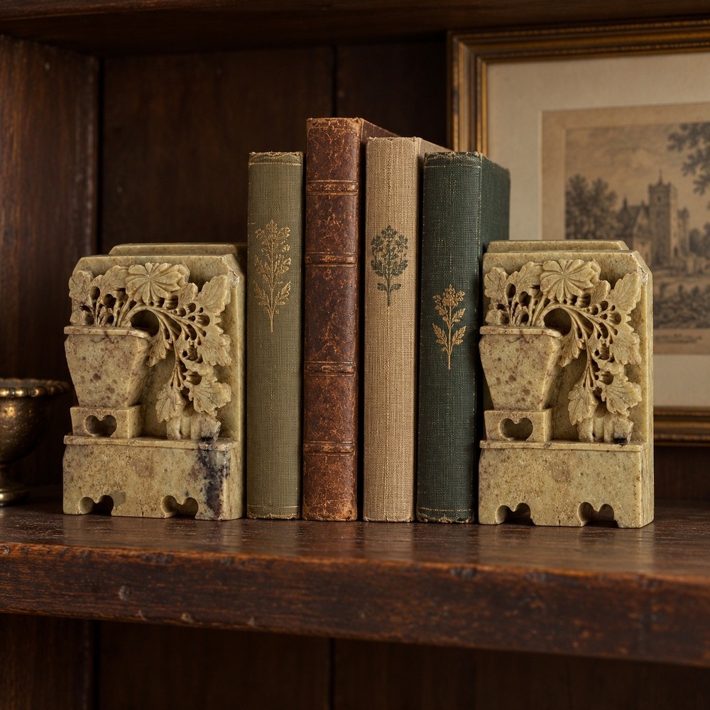 Vintage Carved Soapstone Bookends, Floral Urn Pair, Shelf Decor Asian